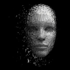Vector low poly female face disintegrating on black background. Futuristic cyborg virtual reality concept. Polygonal particles scatter.