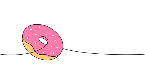 Glazed donut one line colored continuous drawing. Bakery sweet pastry food. Vector linear illustration. - 780727308
