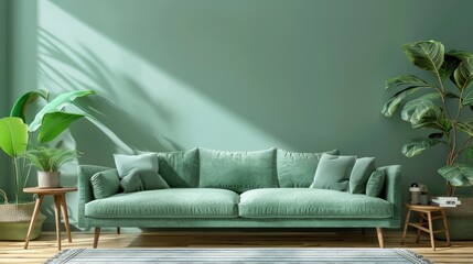 A green couch sits in front of a wall with a plant on it. The room is bright and airy, with a large window letting in natural light - obrazy, fototapety, plakaty