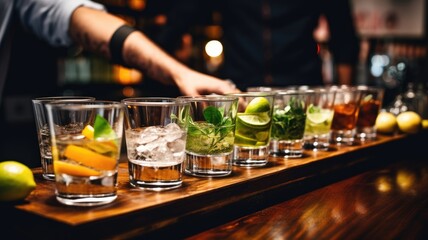 A variety of colorful cocktails on a wooden bar counter.