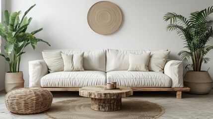 A living room with a white couch, a coffee table, and a potted plant. The room has a modern and minimalist design, with a focus on natural elements like the potted plant and the wooden coffee table - obrazy, fototapety, plakaty