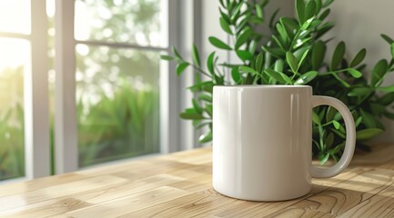 Fototapeta na wymiar White mug mockup on light background with shadows. White mug mockup on wooden table with window and plant in background. Closeup view, copy space for design or print presentation, blank coffee cup 
