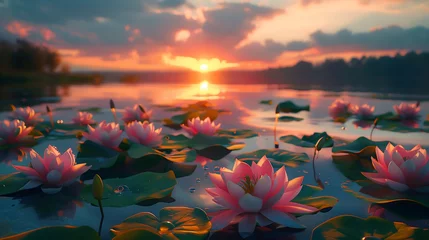 Foto op Canvas Tranquil Waters: Sunset Over Water Lilies © DjelicN