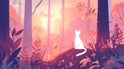 Rolgordijnen Gato branco na floresta ao por do sol rosa - Ilustração © Vitor