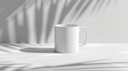 White mug mockup on light background with shadows. White mug mockup on wooden table with window and plant in background. Closeup view, copy space for design or print presentation, blank coffee cup 