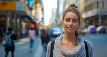 Confident young woman smiling in busy city street