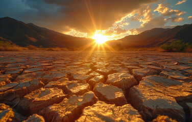 Radiant sunset over cracked desert landscape, climate change concept