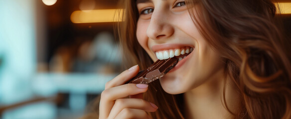 Young woman enjoying a delicious chocolate bar