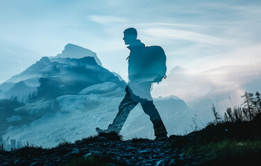 Solo hiker's silhouette against misty mountain backdrop at dawn
