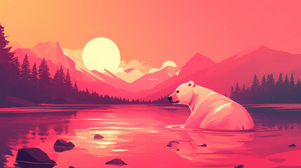 Urso em um lago ao por do sol rosa - Ilustração - obrazy, fototapety, plakaty