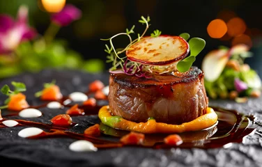  Filet mignon with vegetable puree and artful garnishes © thodonal