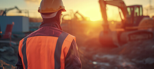 Construction worker in reflective vest at sunrise on site