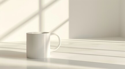 Fototapeta na wymiar White mug mockup on light background with shadows. White mug mockup on wooden table with window and plant in background. Closeup view, copy space for design or print presentation, blank coffee cup 