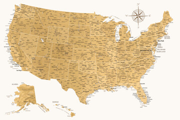 United States - Highly Detailed Vector Map of the USA. Ideally for the Print Posters. Golden Colors Retro Style - obrazy, fototapety, plakaty