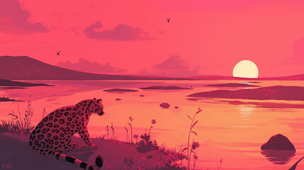 Jaguatirica em um lago ao por do sol rosa - Ilustração - obrazy, fototapety, plakaty