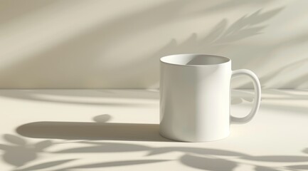 White mug mockup on light background with shadows. White mug mockup on wooden table with window and plant in background. Closeup view, copy space for design or print presentation, blank coffee cup 