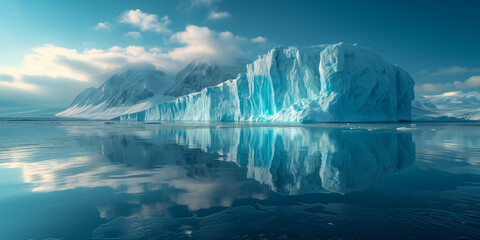 Tranquil arctic landscape with glacier and mountain reflections on water