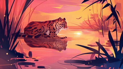 Jaguatirica em um lago ao por do sol rosa - Ilustração