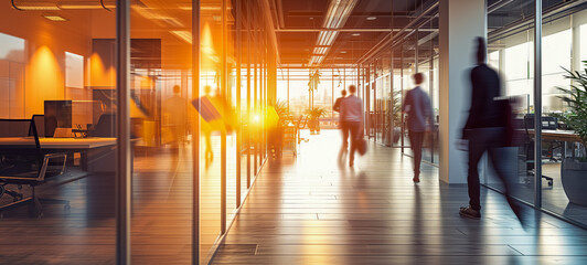 Blurred figures walking through modern office at sunset
