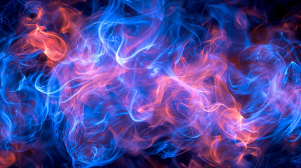 Dynamic swirls of blue and red smoke intertwining in an abstract