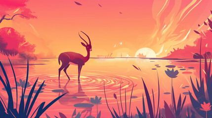 Fototapeta na wymiar gazela em um lago ao por do sol rosa - Ilustração