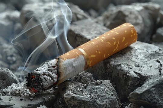 Sharply detailed image of a cigarette juxtaposing its destructive nature against a hard, rocky surface