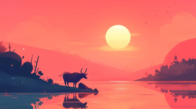 Vaca em um lago ao por do sol rosa - Ilustração