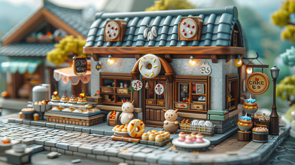 A 3D isometric bakery in a bustling anime market square, where aromas attract characters of all kinds