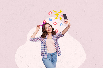 Fototapeta premium Trend artwork sketch photo collage of young pinup lady work make selfie get notification retro vintage like heart reaction thumb feedback