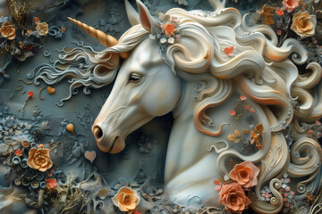 Portrait of a magical unicorn. Ceramic sculpture.