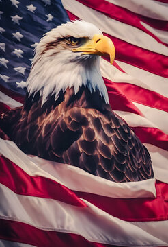 Patriotic image of a majestic bald eagle in front of an American flag, symbolizing American freedom and pride.