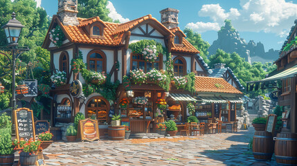 A 3D isometric bakery in an anime fantasy tavern, serving adventurers magical breads and mystical brews - obrazy, fototapety, plakaty