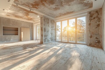 Spacious interior undergoing renovation with sunlight streaming through large windows illuminating the worn textures and raw surfaces