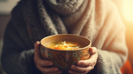 Person holding a bowl of hot soup, wearing a cozy sweater.
