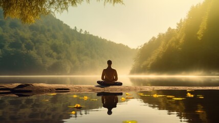 Person meditating by a serene lake at sunrise, with reflection and yellow leaves.