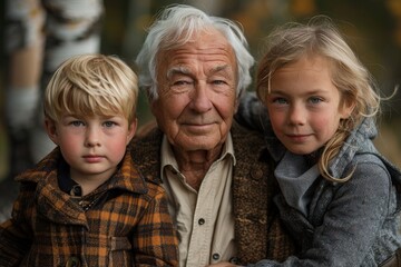 Fototapeta premium Photo of a grandfather and two grandchildren, one girl and one boy, posing together with natural expressions