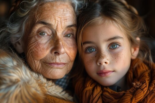 A close-up image highlighting the detailed features and freckles of a grandmother and young girl, showcasing generational beauty