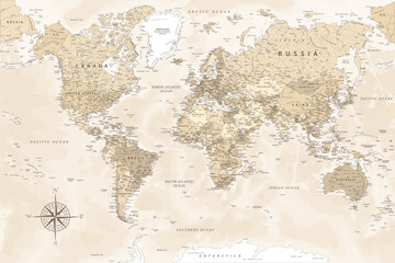 Fototapeta premium World Map - Highly Detailed Vector Map of the World. Ideally for the Print Posters. Beige Pastel Vintage Colors. Retro Style