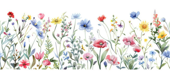 Fototapeta na wymiar Seamless Watercolor Floral Border with Red, Blue, and Yellow Flowers