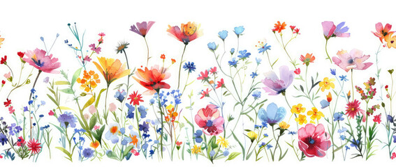 Seamless Watercolor Floral Border with Red, Blue, and Yellow Flowers
