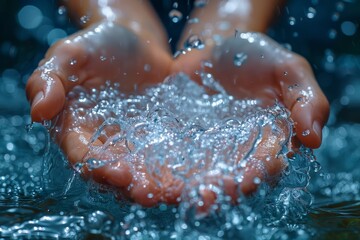Fototapeta premium Close-up image of two hands catching and playing with fresh water, with droplets and splashes frozen in time, emphasizing purity and the essence of nature