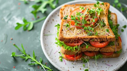 Food sandwich with tomatoes, lettuce sprouts or mocrogreen on a plate. top view