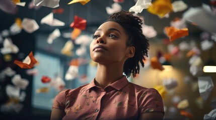 Dreamy African American Woman Surrounded by Paper Cranes - obrazy, fototapety, plakaty