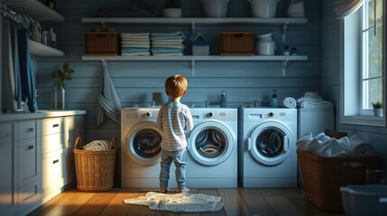 Curious Child in Laundry Room with Washing Machines at Home - Powered by Adobe