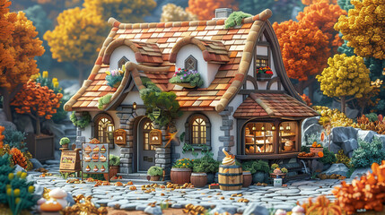 A mystical 3D isometric bakery in an enchanted anime forest, where woodland creatures bake with magical ingredients