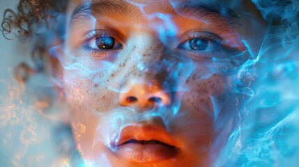Ethereal Beauty: Close-Up Portrait with Vivid Blue Light Patterns