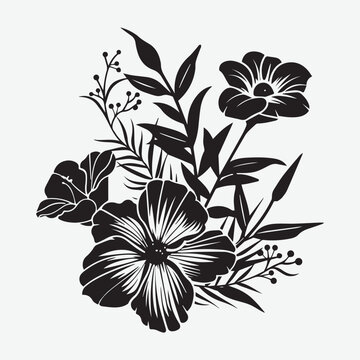 Set of different flower linen on white background. Vector black silhouettes of flowers isolated on a white background. Botanical arts. Hand drawn continuous line drawing of herbs, abstract flower.