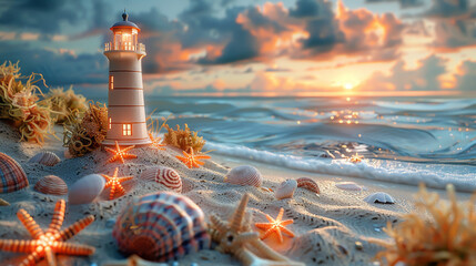 A serene beach scene within a sandbox, complete with a lighthouse, where children learn to navigate by the stars - obrazy, fototapety, plakaty