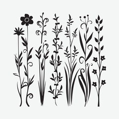 Fototapeta na wymiar Set of different flower linen on white background. Vector black silhouettes of flowers isolated on a white background. Botanical arts. Hand drawn continuous line drawing of herbs, abstract flower.