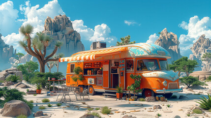 A traveling 3D isometric bakery caravan in an anime desert oasis, serving refreshments to wanderers and nomads